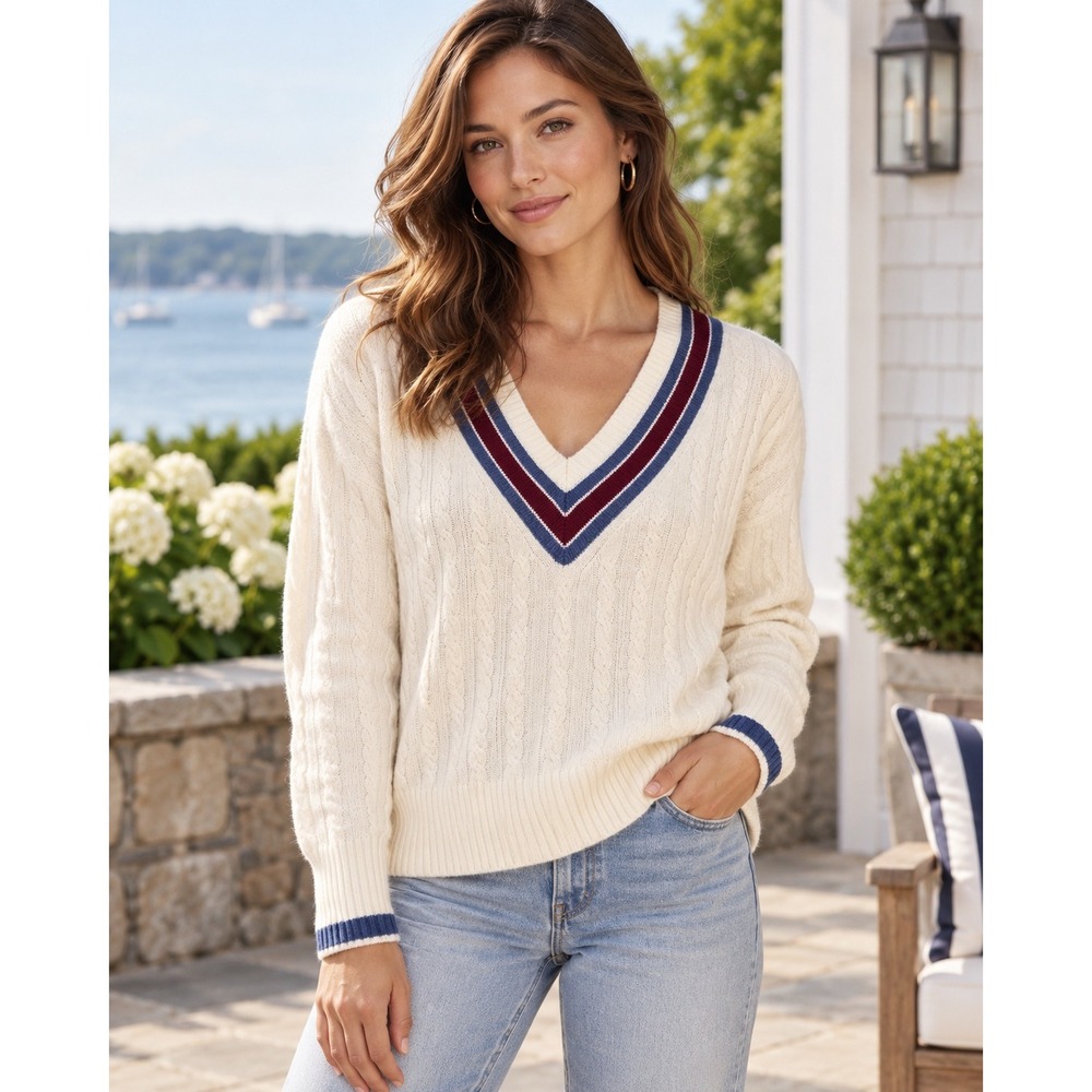 Veronica Beard Sibley Sweater Womens S Ivory Cable Knit Wool Tennis Preppy